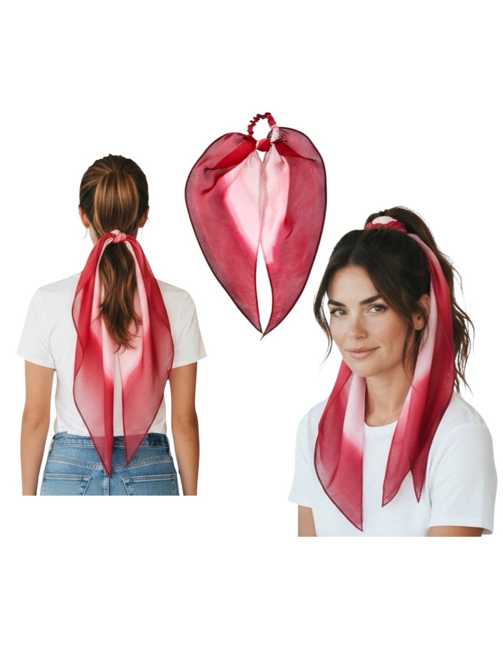 Time and Tru Red Ombre Sheer Scarf Ponytail Scrunchie